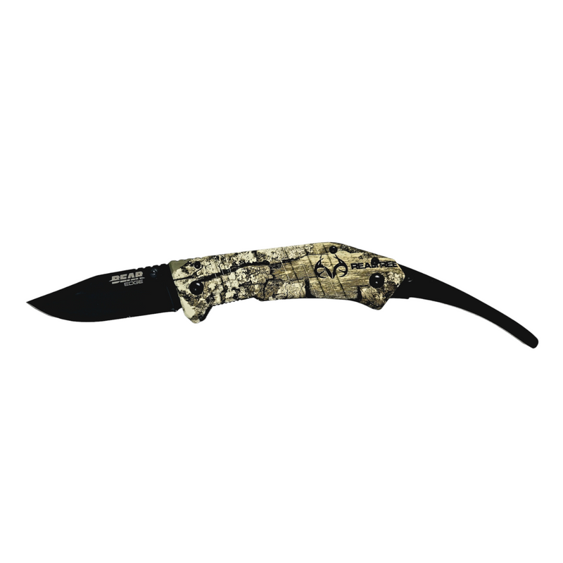 Bear and Son 4-1/2″ Double Blade Gut and Skinner Black Blade Realtree Edge