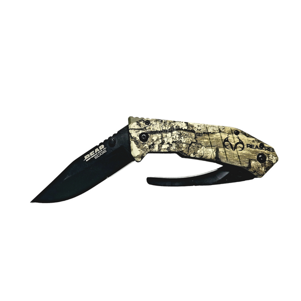 Bear and Son 4-1/2″ Double Blade Gut and Skinner Black Blade Real Tree Edge