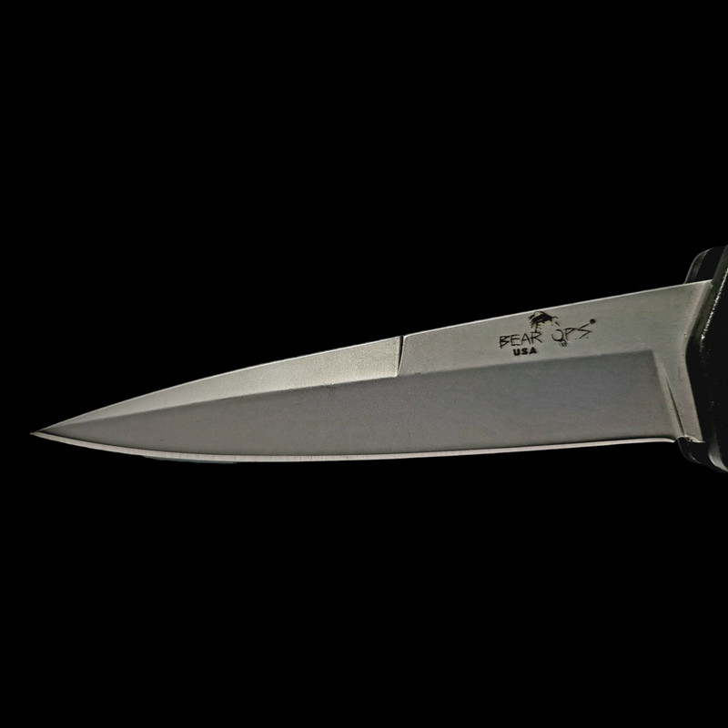 Bear and Son 5" Black Aluminum Handle Stiletto Satin Finish Blade Tactical Push Button Auto