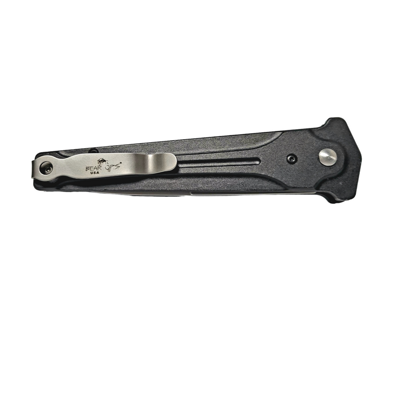 Bear and Son 5" Black Aluminum Handle Stiletto Satin Finish Blade Tactical Push Button Auto