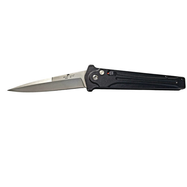 Bear and Son 5" Black Aluminum Handle Stiletto Satin Finish Blade Tactical Push Button Auto