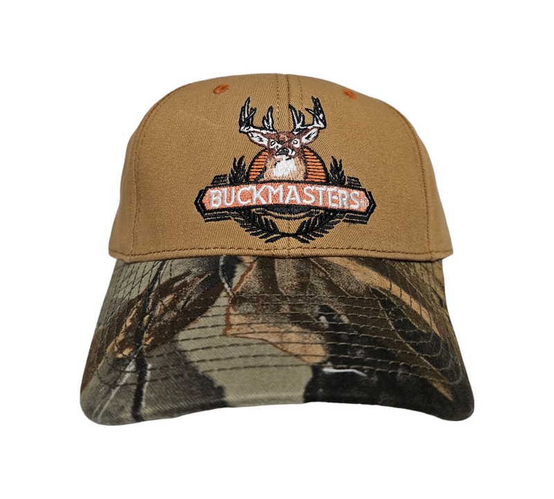 Buckmasters Iconic Logo on a Brown & Camo Cloth Velcro Back Hat