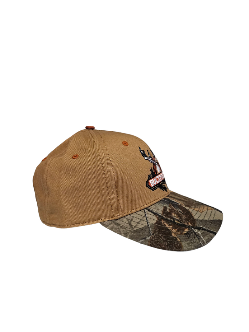 Buckmasters Iconic Logo on a Brown & Camo Cloth Velcro Back Hat